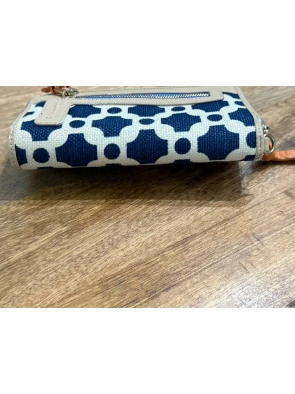 Spartina 449 May River Wallet Starfish Linen Leather Tan Navy White Snap Zip Aro